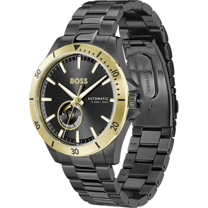 Hugo Boss Troper Chronograph Automatic Black Dial Black Steel Strap Watch for Men - 1514203