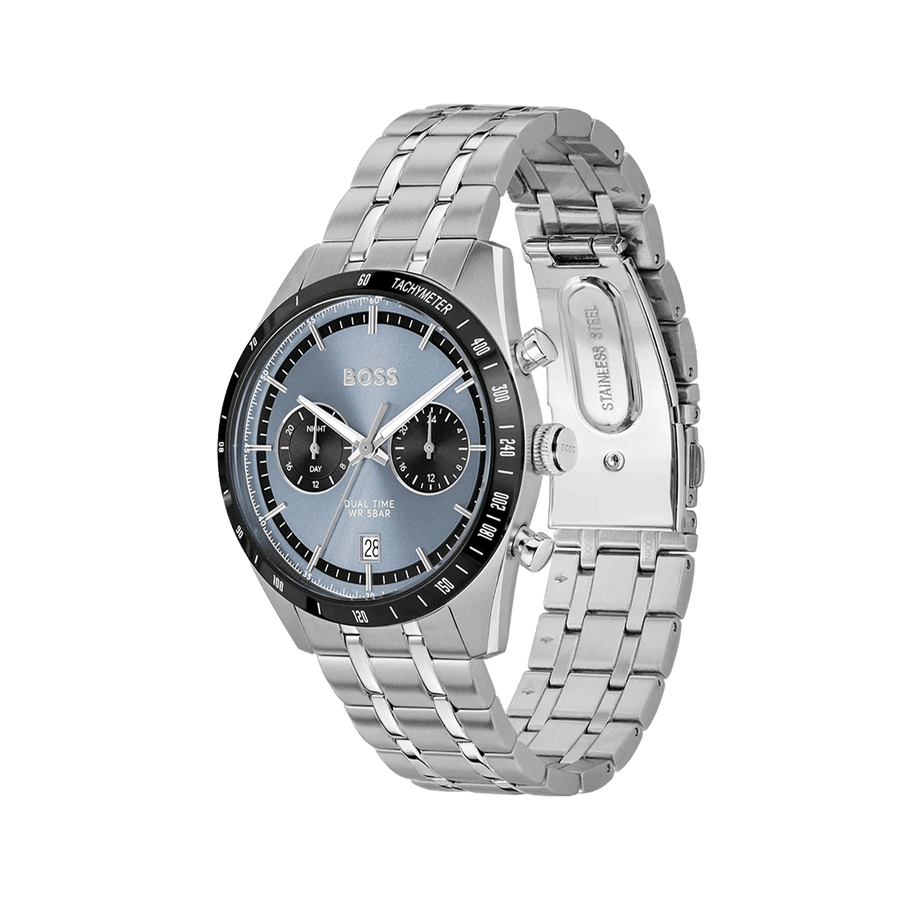 Hugo Boss Tourmaster Chronograph Blue Dial Silver Steel Strap Watch for Men - 1514286
