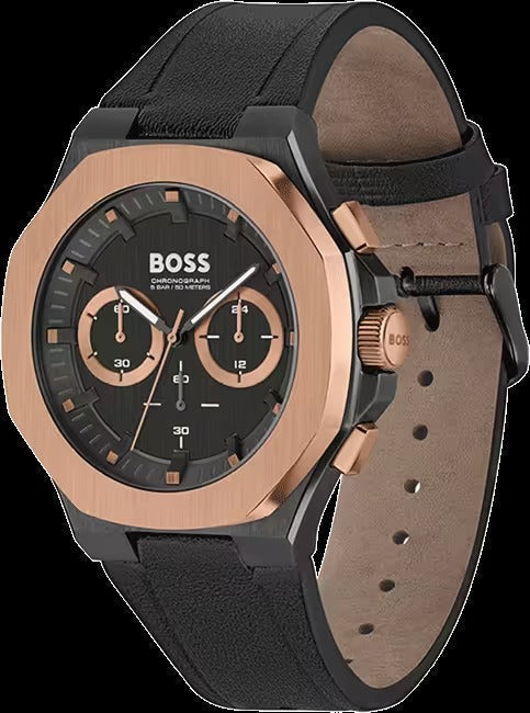 Hugo Boss Taper Chronograph Black Dial Black Leather Strap Watch for Men - 1514089