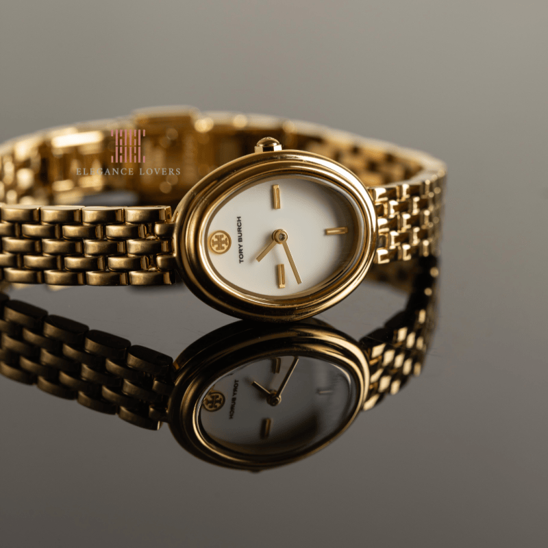 Tory Burch Oval White Dial Gold Steel Strap Watch for Women - TBW6032