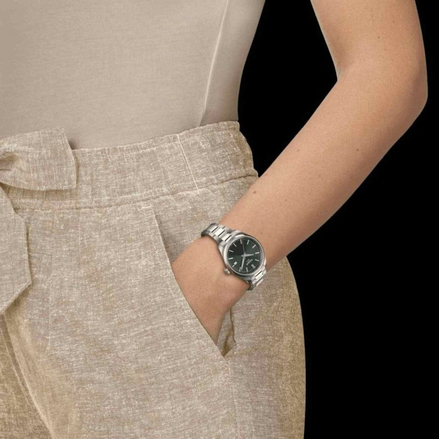 Tissot PR 100 Quartz Green Dial Silver Steel Strap Watch for Women - T150.210.11.091.00