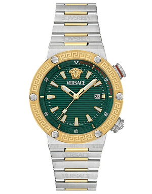 Versace Greca Logo Diver Quartz Green Dial Two Tone Steel Strap Watch for Men - VE8G00524