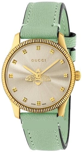 Gucci G Timeless Silver Dial Green Leather Strap Watch for Women - YA1265040