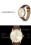 Emporio Armani Minimalist Quartz Gold Dial Brown Leather Strap Watch for Men - AR11610
