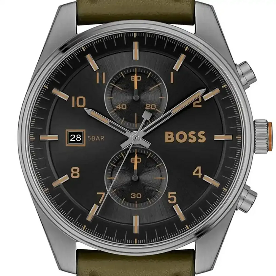Hugo Boss Skytraveller Chronograph Black Dial Green Leather Strap Watch for Men - 1514148