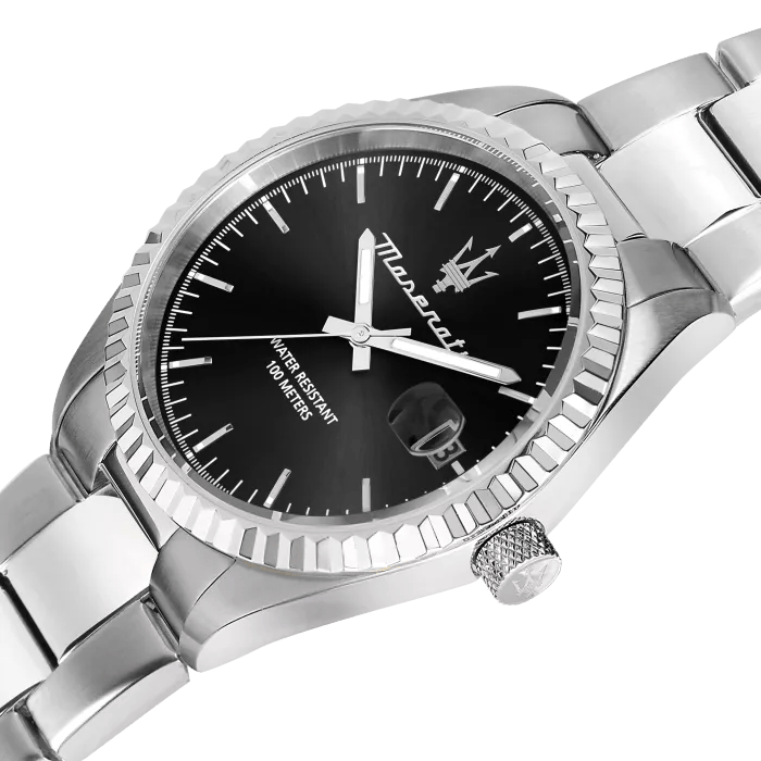Maserati Competizione Black Dial Silver Steel Strap Watch for Men - R8853100028