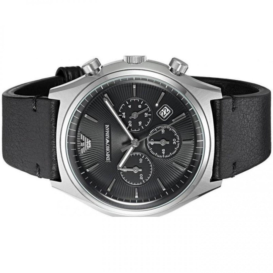 Emporio Armani Zeta Chronograph Black Dial Black Leather Strap Watch for Men - AR1975