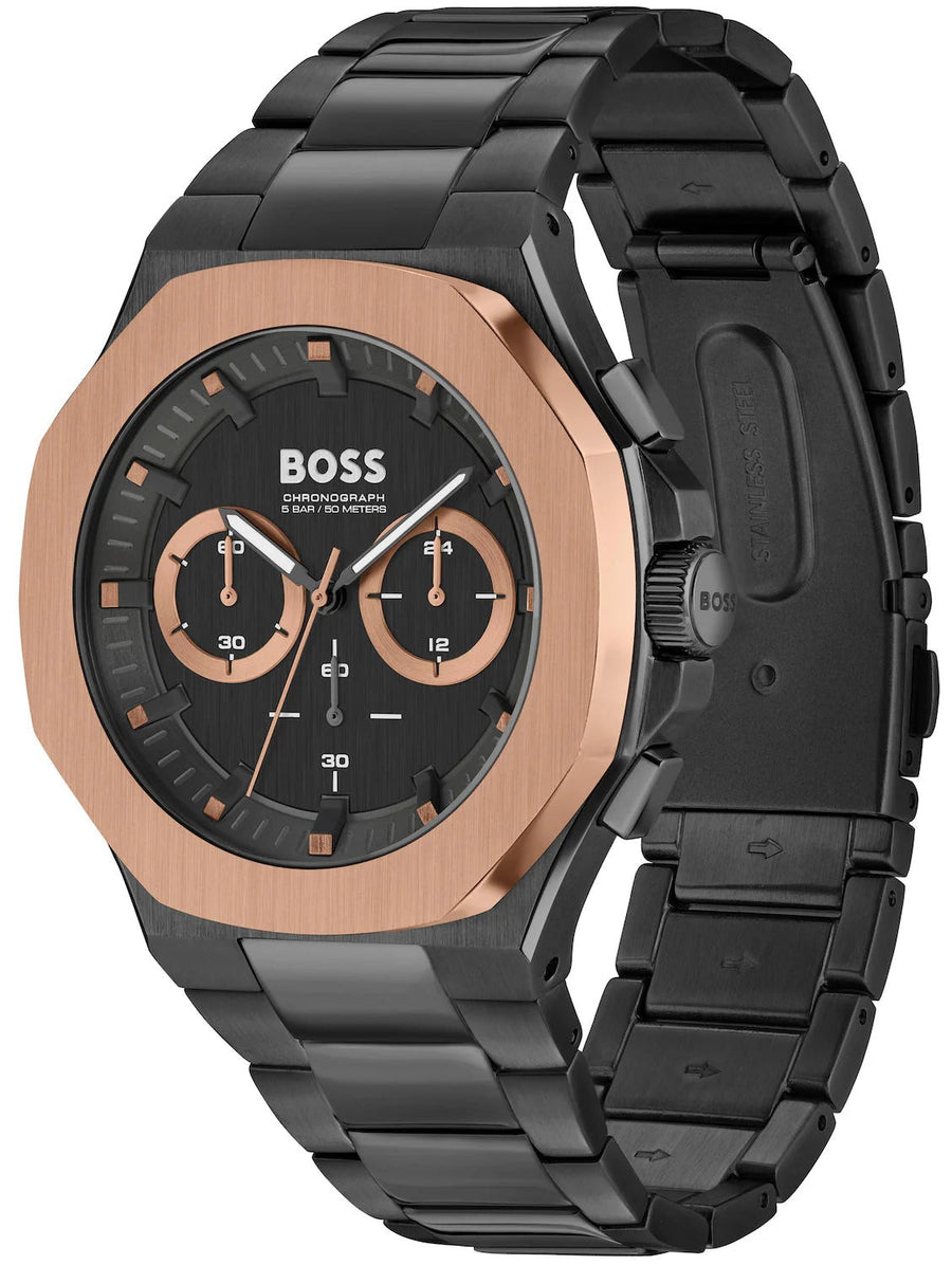 Hugo Boss Taper Chronograph Black Dial Black Steel Strap Watch for Men - 1514090