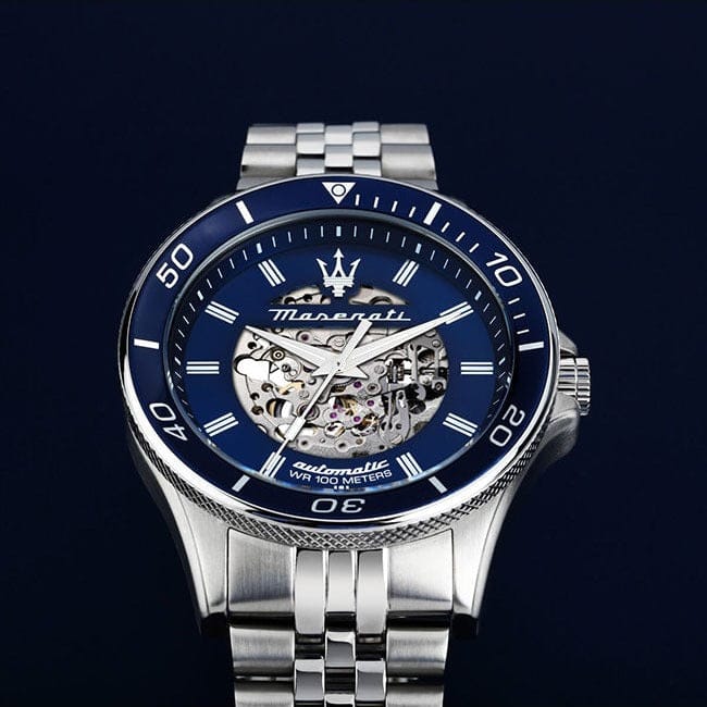 Maserati SFIDA Skeleton Automatic Blue Dial Silver Steel Strap Watch for Men - R8823140011