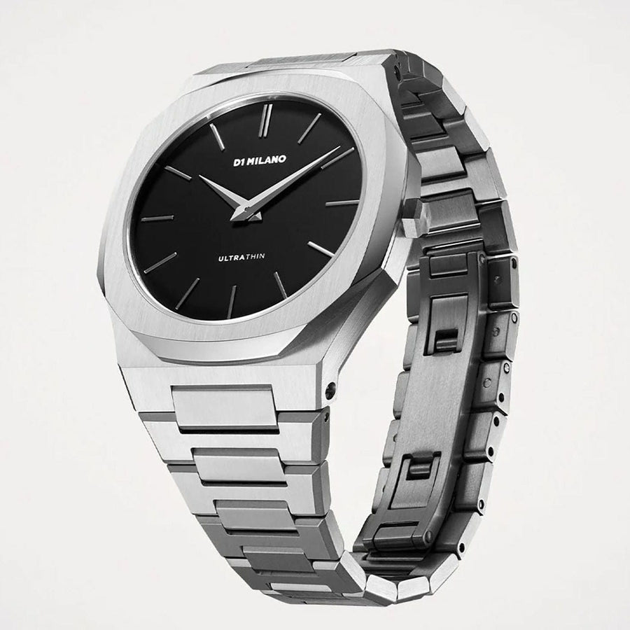 D1 Milano Ultra Thin Matte Black Dial Silver Steel Strap Watch for Men - D1-UTBJ40