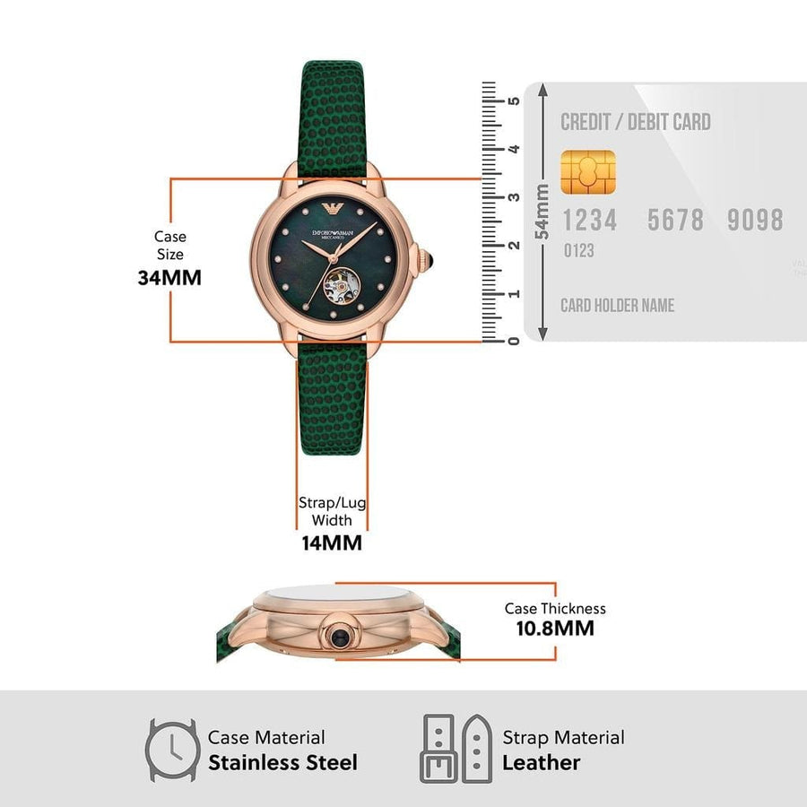 Emporio Armani Mia Meccanico Mother of Pearl Dial Green Leather Strap Watch for Women - AR60073