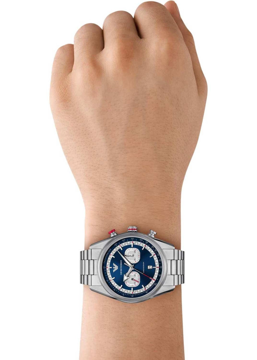 Emporio Armani Racer Chronograph Blue Dial Silver Steel Strap Watch for Men - AR11676