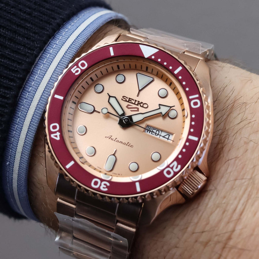 Seiko 5 Sports 55th Anniversary Limited Edition Rose Gold Dial Rose Gold Steel Strap Watch for Men - SRPK08K1