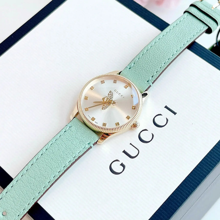 Gucci G Timeless Silver Dial Green Leather Strap Watch for Women - YA1265040
