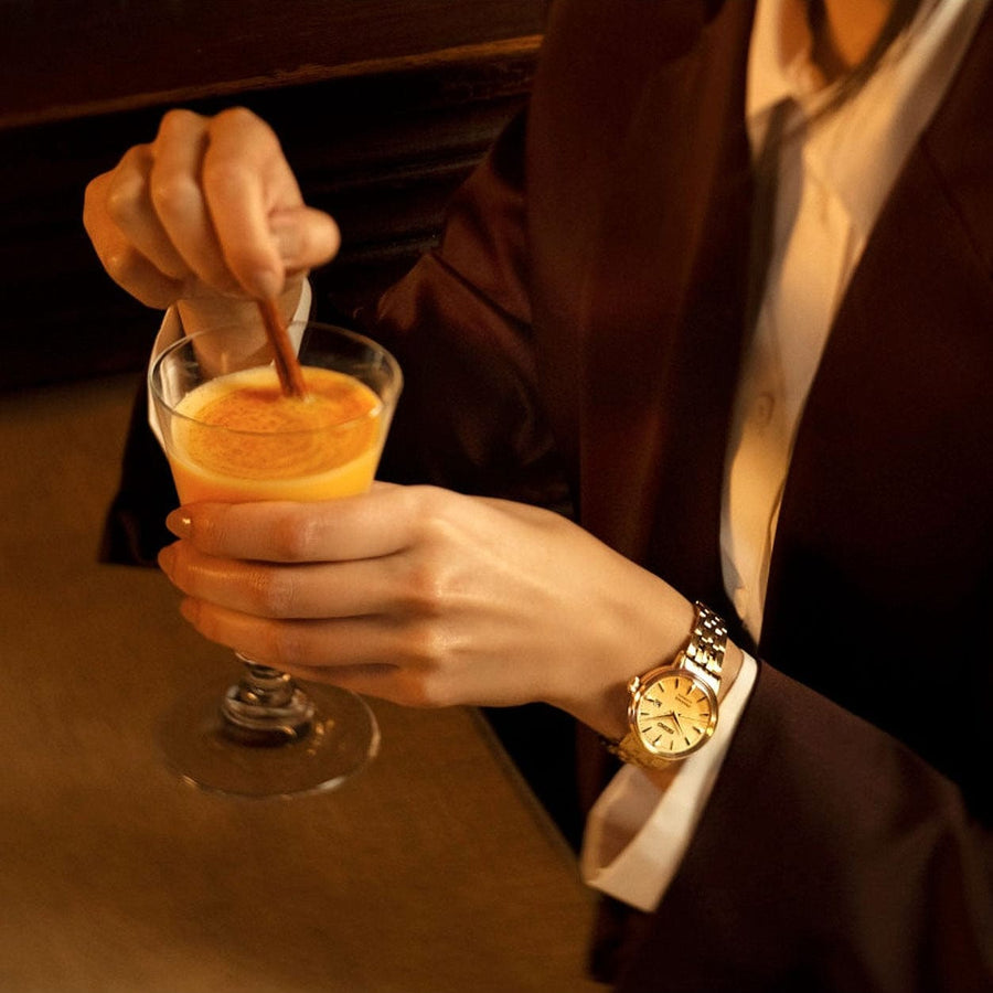 Seiko Presage Cocktail Time Automatic Diamonds Gold Dial Gold Steel Strap Watch for Women - SRE018J1