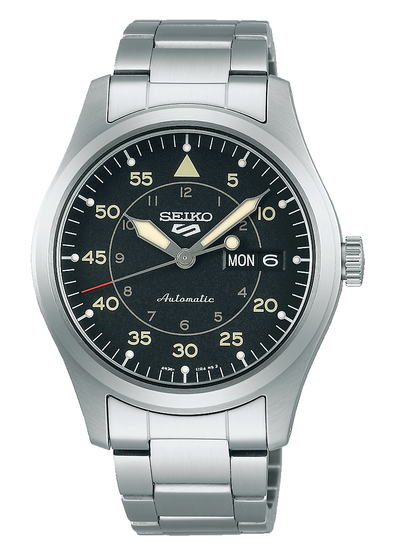 Seiko 5 Sports Flieger Automatic Black Dial Silver Steel Strap Watch for Men - SRPH27K1