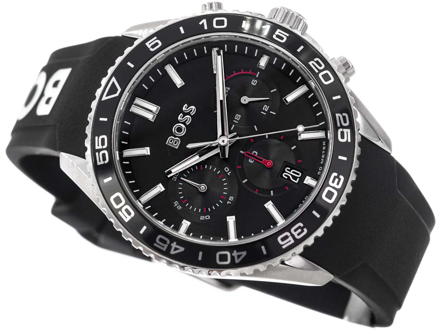 Hugo Boss Runner Chronograph Black Dial Black Silicone Strap Watch for Men - 1514141