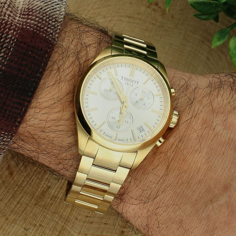 Tissot PR 100 Chronograph White Dial Gold Steel Strap Watch for Men - T150.417.33.031.00