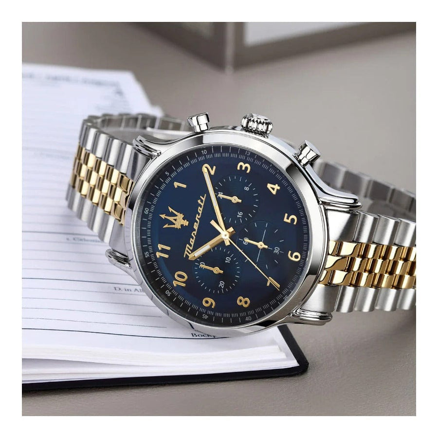 Maserati Epoca Chronograph Blue Dial Two Tone Steel Strap Watch for Men - R8873618030