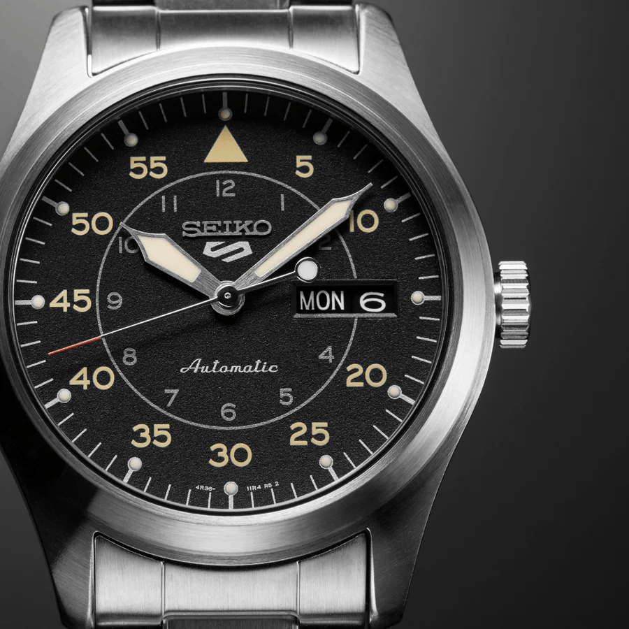 Seiko 5 Sports Flieger Automatic Black Dial Silver Steel Strap Watch for Men - SRPH27K1