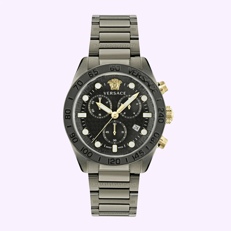 Versace Greca Dome Chronograph Black Dial Grey Steel Strap Watch for Men - VE6K00623