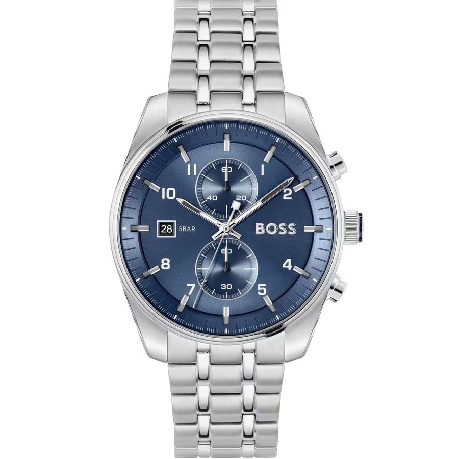 Hugo Boss Skytraveller Chronograph Blue Dial Silver Steel Strap Watch for Men - 1514216