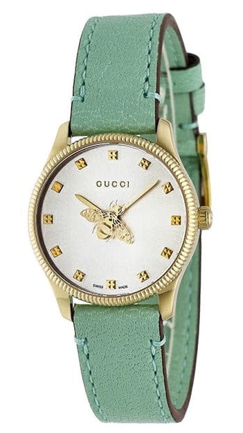 Gucci G Timeless Silver Dial Green Leather Strap Watch for Women - YA1265040
