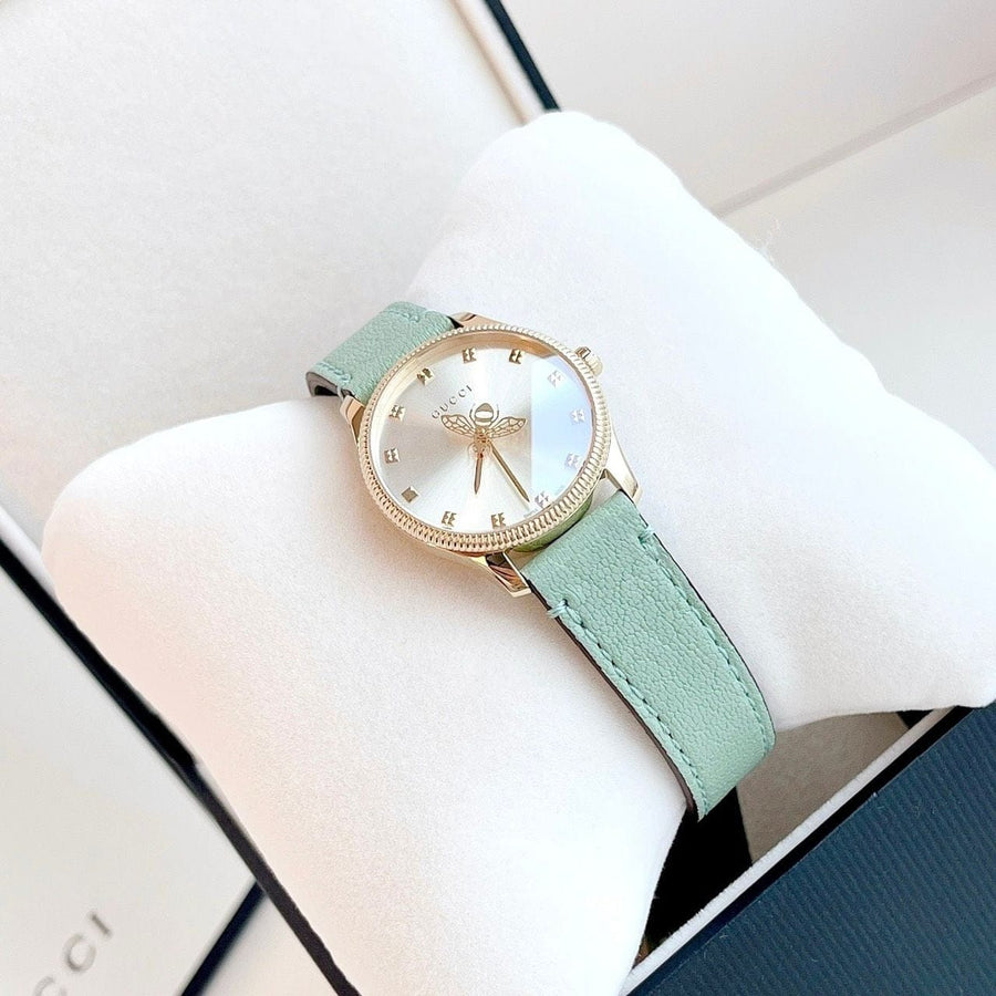 Gucci G Timeless Silver Dial Green Leather Strap Watch for Women - YA1265040