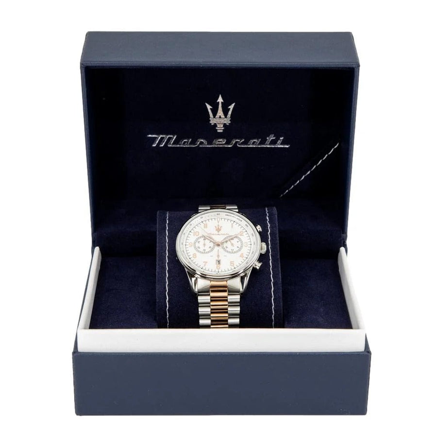 Maserati Tradizione Chronograph White Dial Two Tone Steel Strap Watch for Men - R8873646002