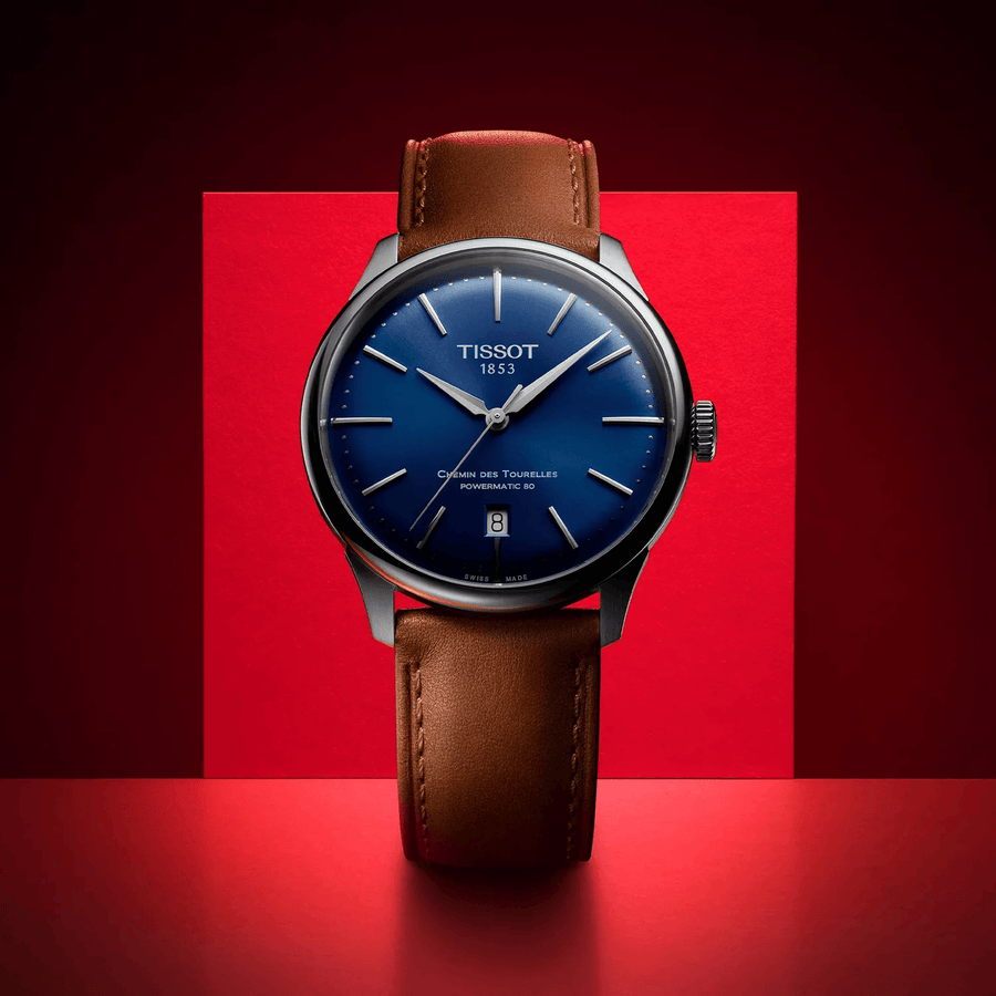 Tissot Chemin des Tourelles Automatic Powermatic 80 Blue Dial Brown Leather Strap Watch for Men - T139.407.16.041.00