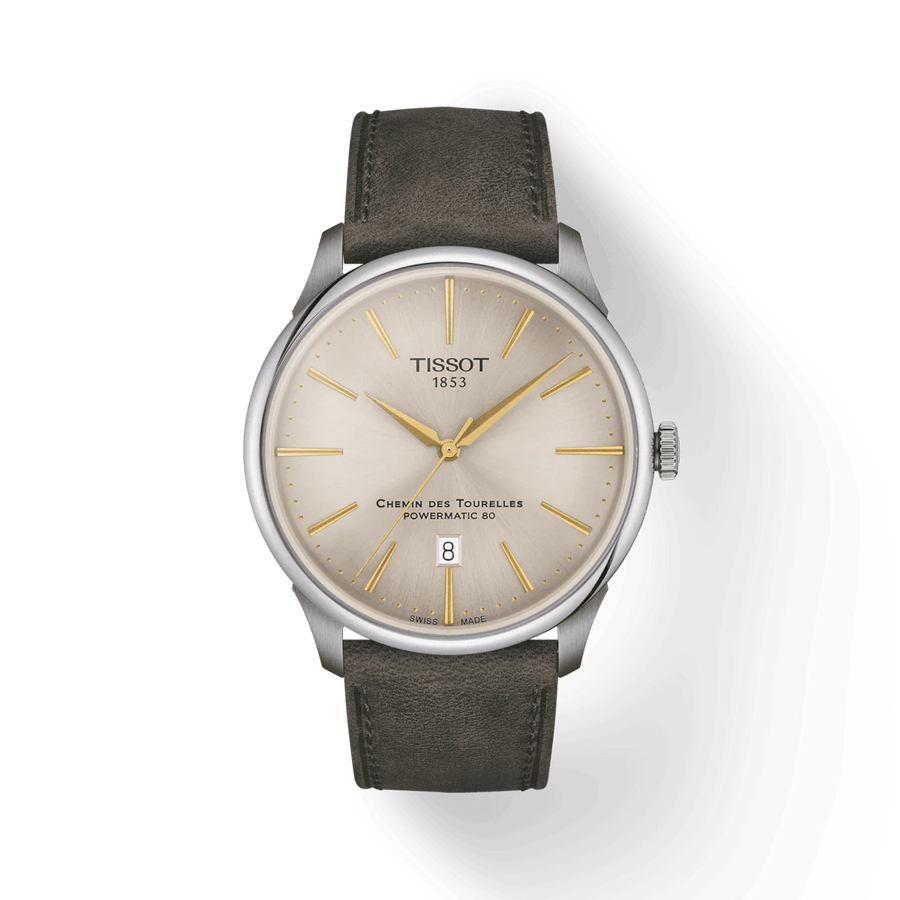 Tissot Chemin des Tourelles Automatic Powermatic 80 Ivory Dial Green Leather Strap Watch for Men - T139.407.16.261.00