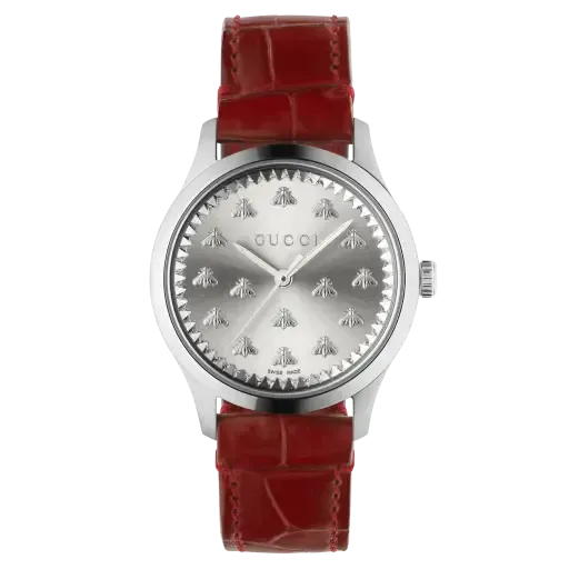 Gucci G Timeless Quartz Silver Dial Maroon Leather Strap Watch for Women - YA1265057