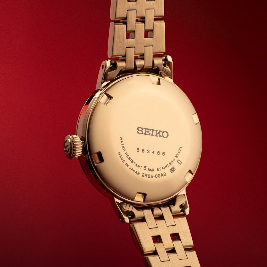 Seiko Presage Cocktail Time Automatic Diamonds Gold Dial Gold Steel Strap Watch for Women - SRE018J1