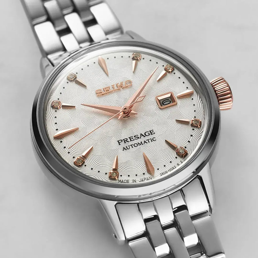 Seiko Presage Cocktail Time Skydiving Automatic Diamonds Mother of Pearl Dial Silver Steel Strap Watch for Women - SRE009J1