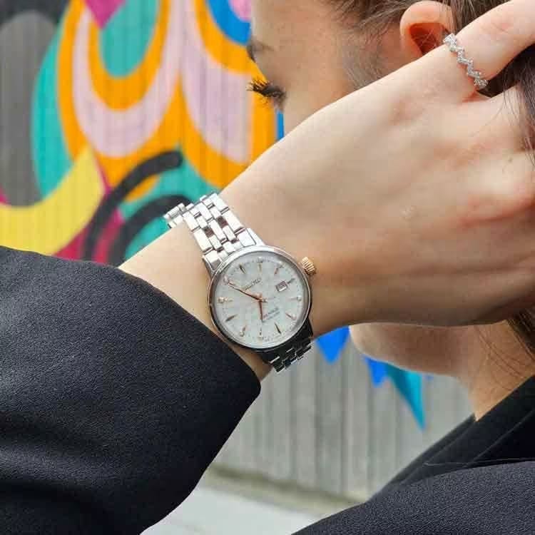 Seiko Presage Cocktail Time Skydiving Automatic Diamonds Mother of Pearl Dial Silver Steel Strap Watch for Women - SRE009J1