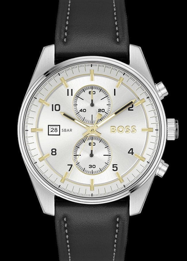 Hugo Boss Skytraveller Chronograph Silver Dial Black Leather Strap Watch for Men - 1514147