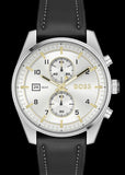 Hugo Boss Skytraveller Chronograph Silver Dial Black Leather Strap Watch for Men - 1514147