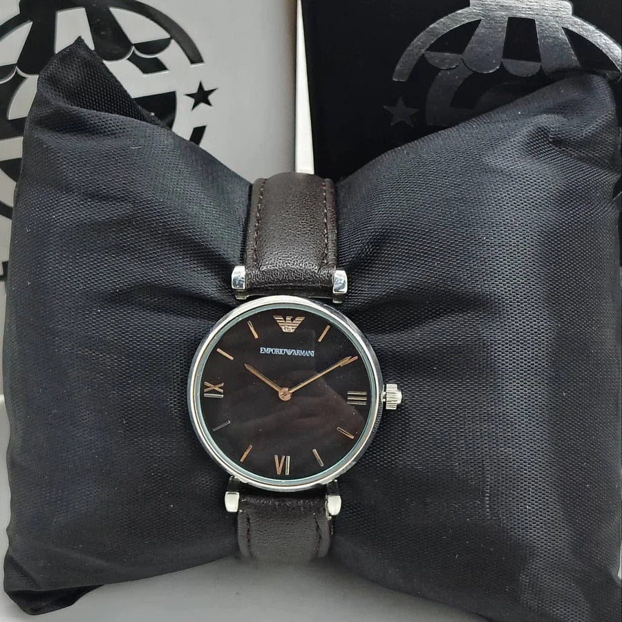 Emporio Armani Gianni T-Bar Black Dial Black Leather Strap Watch for Women - AR1678