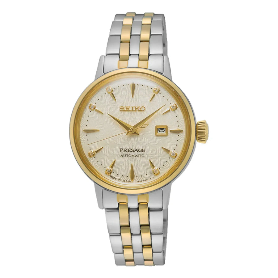 Seiko Presage Cocktail Time Automatic Diamonds White Dial Two Tone Steel Strap Watch for Women - SRE010J1