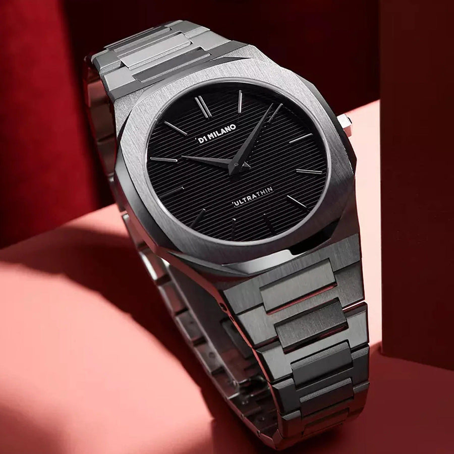 D1 Milano Ultra Thin Black Dial Silver Steel Strap Watch for Men - D1-UTBJ14