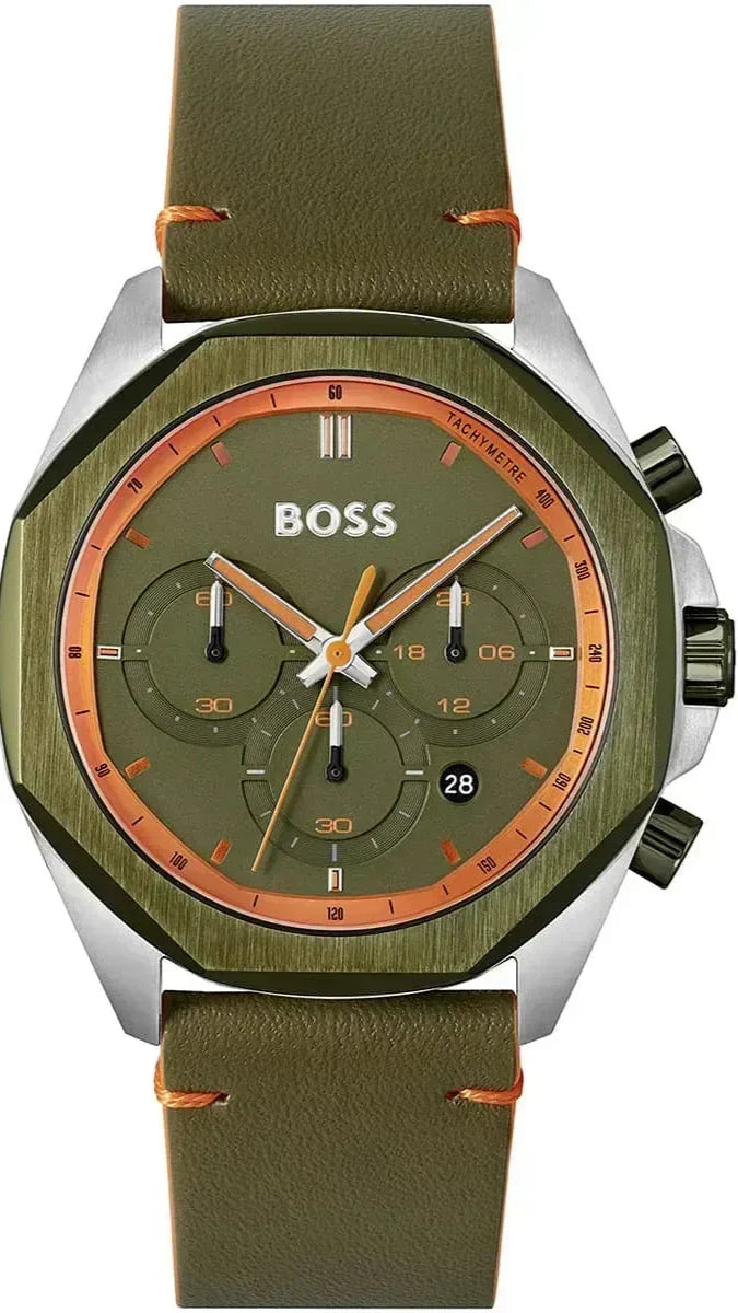 Hugo Boss Cloud Chronograph Olive Green Dial Green Leather Strap Watch for Men - 1514018
