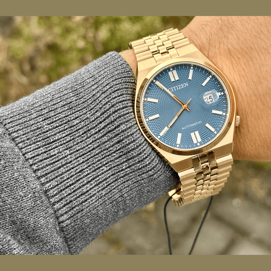 Citizen Tsuyosa 60 Automatic Blue Dial Rose Gold Steel Strap Watch for Men - NK0023-57L