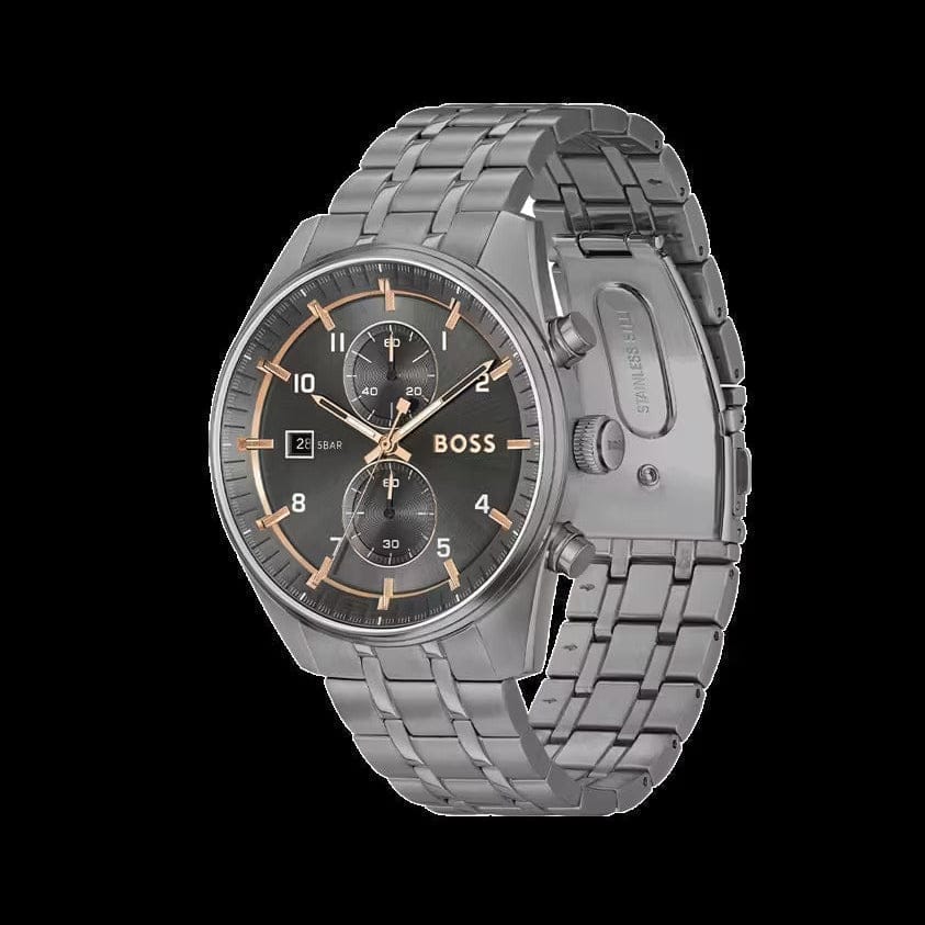 Hugo Boss Skytraveller Chronograph Gunmetal Grey Dial Grey Steel Strap Watch for Men - 1514153