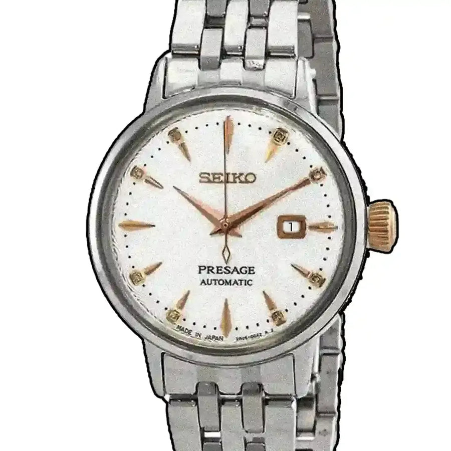 Seiko Presage Cocktail Time Skydiving Automatic Diamonds Mother of Pearl Dial Silver Steel Strap Watch for Women - SRE009J1