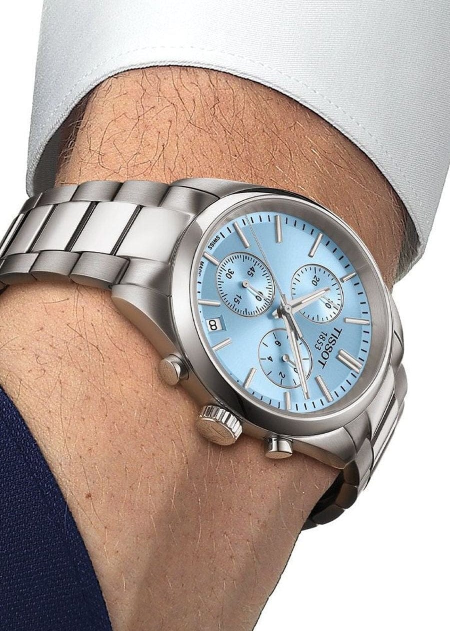 Tissot PR 100 Chronograph Light Blue Dial Silver Steel Strap Watch for Men - T150.417.11.351.00
