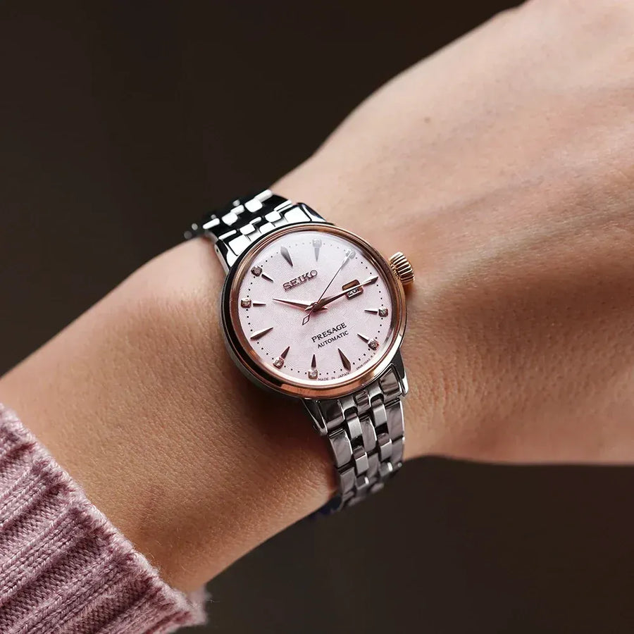Seiko Presage Cocktail Time Automatic Diamonds White Dial Silver Steel Strap Watch for Women - SRE012J1