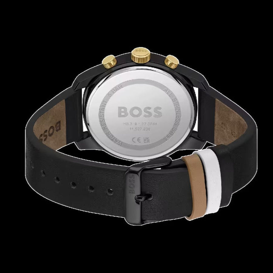 Hugo Boss Trace Chronograph Black Dial Black Leather Strap Watch for Men - 1514003