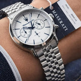 Maserati Epoca Chronograph White Dial Silver Steel Strap Watch for Men - R8873618034