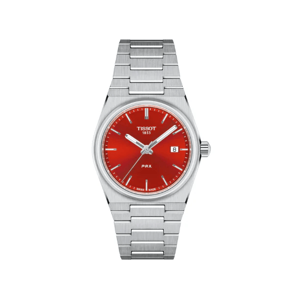 Tissot PRX Quartz Red Dial Silver Steel Strap Watch for Women - T137.210.11.421.00