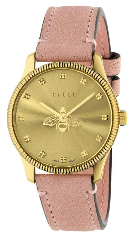 Gucci G Timeless Gold Dial Pink Leather Strap Watch for Women - YA1265041